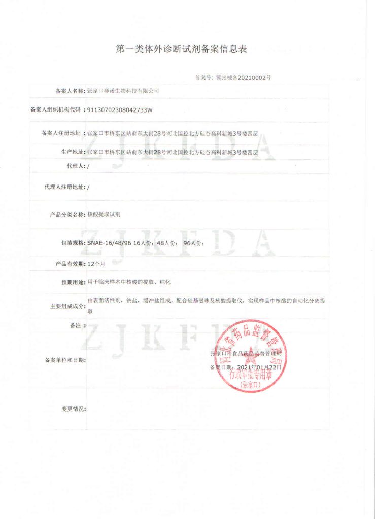 ZHANGJIAKOU SENO TESTING CENTER CO., LTD Class I Medical Device Production License